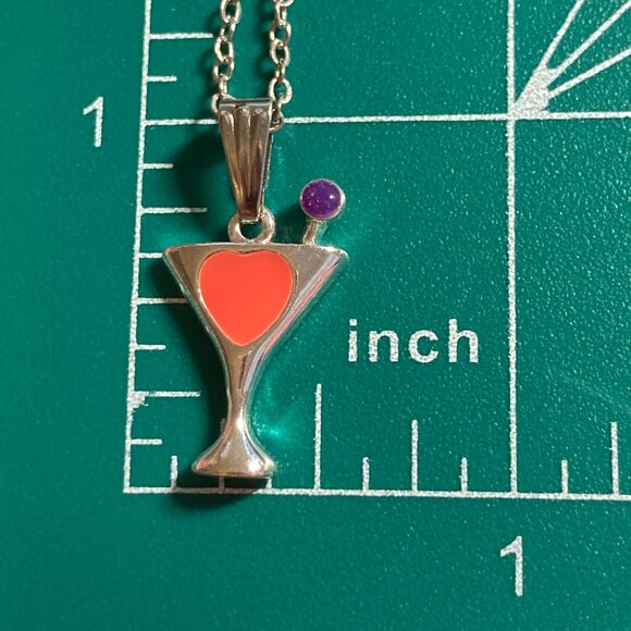 Martini Cocktail Drink Cup Glass Charm Necklace Pendant Pink Enamel 18" Chain - Picture 8 of 9